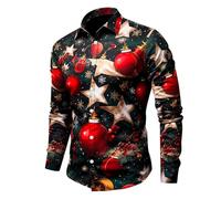 Maglietta Natalizia Camicia da Uomo a Maniche Lunghe con Bottoni a Risvolto con Stampa Digitale 3D di Natale Casual Moda Uomo Maglia A Compressione