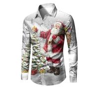 Maglietta Natalizia Camicia da Uomo a Maniche Lunghe con Bottoni a Risvolto con Stampa Digitale 3D di Natale Casual Moda Uomo Maglia A Compressione