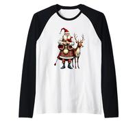 Maglietta Natalizia con Babbo Natale Scozzese Che Gioca a Cornamusa con Renna Maglia con Maniche Raglan