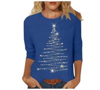 Maglietta natalizia da donna, a maniche 3/4, con scollo rotondo, per il tempo libero, alla moda, a maniche lunghe, per l'albero di Natale, O blu., XXL