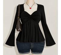 Maglietta nera a maniche corte con nodo sul petto, taglio baby doll, abbigliamento in stile Y2K, adatto per la stagione di laurea, ritorno a casa e rientro a scuola in autunno, magliette carine da don