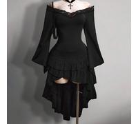 Maglietta nera aderente da donna con maniche lunghe a sbuffo, stile retrò elegante e sexy, stile individuale millennial Y2K gotico, con inserti in pizzo, taglie comode 0XL,1XL,2XL,3XL,4XLColore unicoT