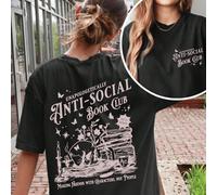 Maglietta nera casual da donna, semplice, con grafica "Antisocial Book Club", manica corta, scollo tondo, adatta per l'uso quotidiano, taglie comode 0XL,1XL,2XL,3XL,4XL,5XLHalloween,LettereTessuto in 