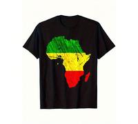 Maglietta nera con mappa dell'Africa in taglie comode, progettata nei colori panafricani verde, giallo e rosso. Questa t-shirt casual estiva ha una vestibilità regular, è perfetta per eventi all'apert