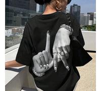 Maglietta nera da donna taglie forti - Stampa gesto di Los Angeles, stile di strada Y2K alla moda, comoda e versatile, abbigliamento casual da strada, top autunnale estivo 0XL,1XL,2XL,3XL,4XLRitratto,