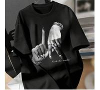 Maglietta nera oversize da donna con stampa del gesto della mano di Los Angeles, stile di abbigliamento casual e versatile dallo streetwear di Y2K, top autunnale 0XL,1XL,2XL,3XL,4XLFumetto,Ritratto,Le