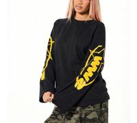 Maglietta oversize a maniche lunghe da donna con grafica in testo giallo, t-shirt in cotone nero, casual, streetwear, autunno inverno L,M,S,XSGrafico,LettereTessuto in maglia
