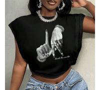 Maglietta oversize casual con stampa semplice del gesto della mano LA e della musica rock, adatta per l'estate 0XL,1XL,2XL,3XL,4XL,5XLRitratto,sloganTessuto in maglia