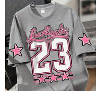 Maglietta oversize casual da ragazza con stampa "Los Angeles" e "23", decorata con stelle rosa, adatta per il ritorno a scuola, lo streetwear, l'uso quotidiano casual, l'estate 6Y,7Y,8Y,9Y,10Y,4Y,5Y,1