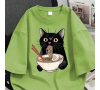 Maglietta oversize da donna, casual per l'estate, vacanze e pendolarismo, con stampa di un gatto nero che mangia i noodle, vestibilità morbida 0XL,1XL,2XL,3XL,4XL,5XLGrafico,Gatto,Prodotti alimentari