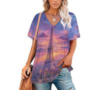 Maglietta Oversize da Donna Torre Eiffel di Notte Maglia Manica Corta Scollo a V Città Romantica Maglietta Estiva Ampia Informale e Casual, Adatta Come Capo Basic per l’Estate