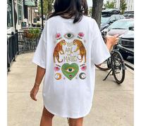 Maglietta oversize in cotone bianco da donna con stampa dell'Occhio di Horus e della tigre, ideale per l'uso casual quotidiano e le uscite estive, offre comfort e morbidezza, dichiarazione di moda ver
