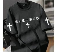 Maglietta oversize minimalista con fede per ragazzi, stampata con testo "BLESSED" e motivo a croce, top casual estivo per il ritorno a scuola, stile di strada casual quotidiano 6Y,7Y,8Y,9Y,10Y,4Y,5Y,1