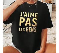 Maglietta oversize nera a maniche corte con scollo rotondo, strato base primavera/autunno. Presenta la scritta in francese "J'AIME PAS LES GENS" (non mi piacciono le persone), permettendoti di mostrar