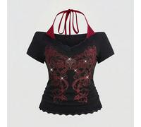 Maglietta oversize retrò Y2K con scollo a V profondo, decorata con totem e strass, con vita segnata, 2 in 1 1XL,2XL,3XL,4XL,5XLGraficoTessuto in maglia