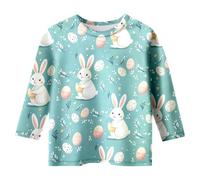 Maglietta pasquale per bambini con stampa a maniche a quarti per ragazze, comoda camicia per il tempo libero come top, Azzurro, 6-7 Anni
