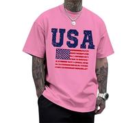 Maglietta Patriottica da uomo, girocollo con bandiera, a maniche corte, in cotone, alla moda, da viaggio, Rosa scuro, M