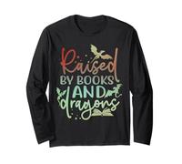 Maglietta per Amanti dei Libri Fantasy Raised By Books And Dragons Maglia a Manica