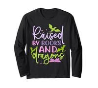 Maglietta per Amanti dei Libri Fantasy Raised By Books And Dragons Maglia a Manica