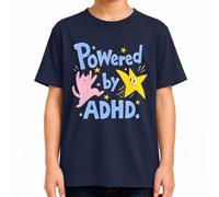 Maglietta per bambini con scritta "Powered by ADHD" con gatto e stella per | Sarcasmo, concentrazione, iperattività, consapevolezza della salute mentale, scuola, pastello, disegnato a mano