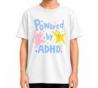 Maglietta per bambini con scritta "Powered by ADHD" con gatto e stella per | Sarcasmo, concentrazione, iperattività, consapevolezza della salute mentale, scuola, pastello, disegnato a mano