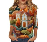 Maglietta per Halloween, da donna, con maniche a 3/4, divertente, per Halloween, villaggio, grafica a tre quarti, per l'autunno, comodo, casual, con motivo alla moda, stampa autunnale, beige., XL