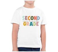 Maglietta per il tempo libero con scollo rotondo, a maniche corte, stampata, per l'inizio della scuola, abbigliamento quotidiano, misto cotone, traspirante, comoda per giovani studenti, F-bianco, 8-9