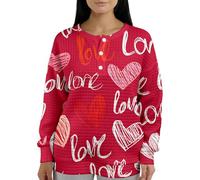 Maglietta per San Valentino da donna, con bottoni a quarto di cuore, girocollo a maniche lunghe, casual, per appuntamenti, Alfabeto Amore - 2, S