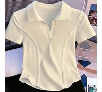 Maglietta polo bianca da donna a maniche corte, maglietta estiva con colletto alla coreana, aderente e corta, top a lisca di pesce L,M,S,XLColore unicoTessuto in maglia