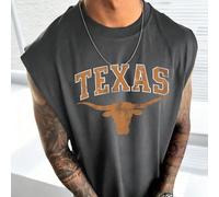 Maglietta senza maniche estiva da uomo casual e versatile, con stampa di testo Texas e elementi di animali da fattoria come la testa di mucca L,M,S,XL,XS,XXLLettereTessuto in maglia