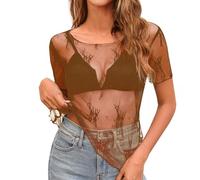 Maglietta sexy da donna, a rete, con motivo floreale, trasparente, elegante maglietta in pizzo Y2K, per feste e abbigliamento quotidiano, marrone, M
