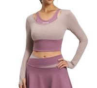 Maglietta Sportiva Donna Manica Lunga Corta Aderente Top Yoga Palestra Color Block con Fori per Pollice