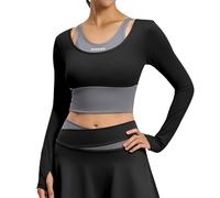 Maglietta Sportiva Donna Manica Lunga Corta Aderente Top Yoga Palestra Color Block con Fori per Pollice