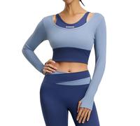 Maglietta Sportiva Donna Manica Lunga Corta Aderente Top Yoga Palestra Color Block con Fori per Pollice