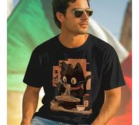 Maglietta Uomo Cartoon Black Cat Eating Ramen Noodles with Chopsticks Soy Sauce Bowl and Tea Stile Unico Divertente Casual Moda Regalo Idea Top Qualità Novità Collezione L,M,S,XL,XXL,XXXLRitrattoTessu