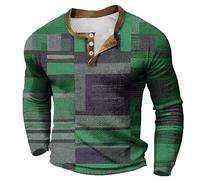 Maglietta Uomo Polo - Camicia da Uomo Camicia Base di Grandi Dimensioni Camicia A Maniche Lunghe Senza Colletto con Stampa Digitale 3D Camicia A Maniche Lunghe A 3 Bottoni (Green XXL)