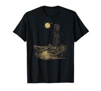 Maglietta vintage con riflessione al chiaro di luna con scena notturna della torre dell'acqua Maglietta