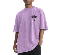 Maglietta vintage da uomo in tinta unita, girocollo, casual, in cotone, oversize, a maniche corte, unisex, alla moda, comoda, traspirante, da lavoro, corsa, attività all'aperto, Viola, L