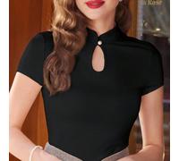 Maglietta vintage elegante da donna, maglia a maniche corte con colletto alto, scollo a buco della serratura e design traforato, colore albicocca chiaro, adatta per casual, pendolarismo, vacanza, rito