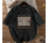 Maglietta vintage lavata con stampa monogramma radio, abbigliamento da donna in cotone, top a maniche corte, comoda maglia casual con scollo a equipaggio, maglietta estiva, materiale morbido lavato, v