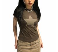 Maglietta Y2k Donna a Manica Lunga Top Corto Aderente Girocollo Stampa Stella per Donne Camicetta Patchwork da Moda Crop Top T-Shirt Slim Fit Autunno Streetwear 90s (Verde Militare, L)