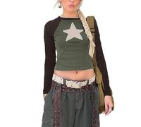 Maglietta Y2k Donna a Manica Lunga Top Corto Aderente Girocollo Stampa Stella per Donne Camicetta Patchwork da Moda Crop Top T-Shirt Slim Fit Autunno Streetwear 90s (Verde, S)