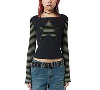 Maglietta Y2k Donna a Manica Lunga Top Corto Aderente Girocollo Stampa Stella per Donne Camicetta Patchwork da Moda Crop Top T-Shirt Slim Fit Autunno Streetwear 90s (Verde Striscia, L)