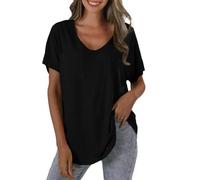 Magliette a maniche corte con scollo a V per donne top alla moda casual abiti estivi vestiti, Nero , L