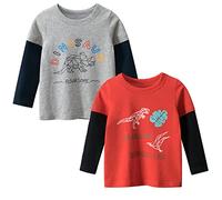 Magliette a maniche lunghe per bambini maschi, confezione da 2, magliette per bambini piccoli con dinosauri, 100% cotone, magliette con escavatore per 2 3 4 5 6 7 anni, rosso e giallo., 5 anni
