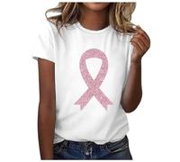 Magliette Cotone Donna Tumore al Seno a Maniche Corte T-Shirt con Nastro Rosa Fantasia T-Shirt Donna Mese di Illuminismo sul Cancro al Seno Consapevolezza Cotone Maglietta Donna Estiva (White, L)