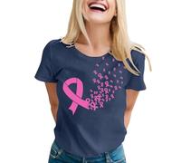 Magliette Cotone Donna Tumore al Seno a Maniche Corte T-Shirt Nastro Rosa Fantasia Moda T-Shirt Donna Cotone Mese di Illuminismo sul Cancro al Seno Consapevolezza Maglietta Donna Estiva (Navy, L)