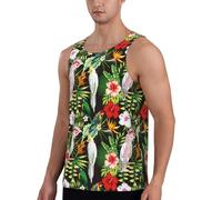 Magliette da allenamento da uomo - Artsy carino pappagallo foglie di palma senza maniche ad asciugatura rapida da uomo con corsa, Nero , 3XL