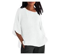 Magliette da donna con maniche a 3/4 maglietta da donna girocollo in lino vestibilità ampia lunga tinta unita autunno estate t-shirt 2024 Y2K, O-131 Bianco, XL