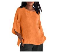 Magliette da donna con maniche a 3/4 maglietta da donna girocollo in lino vestibilità ampia lunga tinta unita autunno estate t-shirt 2024 Y2K, O-131 Arancione Bruciato, L